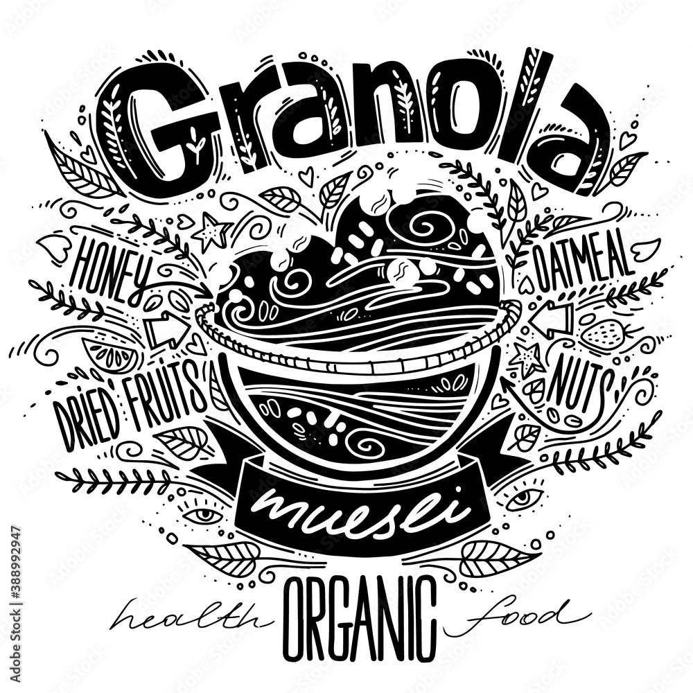 Obraz premium granola in doodle style with lettering. healthy food concept. oatmeal porridge recipe. handmade vector illustration with breakfast organic food.