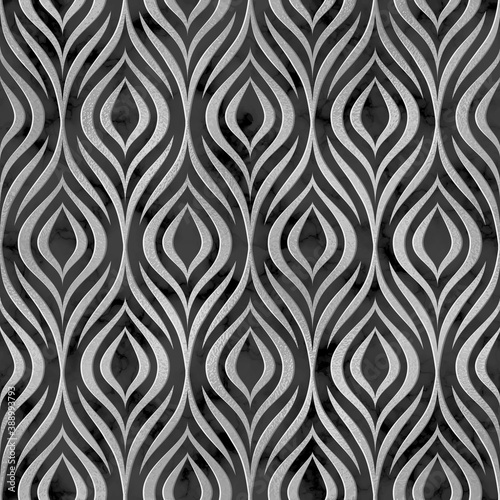 3d seamless pattern. Silver metallic background. Abstract geometric texture. Elegant render lattice. Floral pattern. Peacock feather. Contemporary wallpaper. Design for prints. Bird plumage. Vector