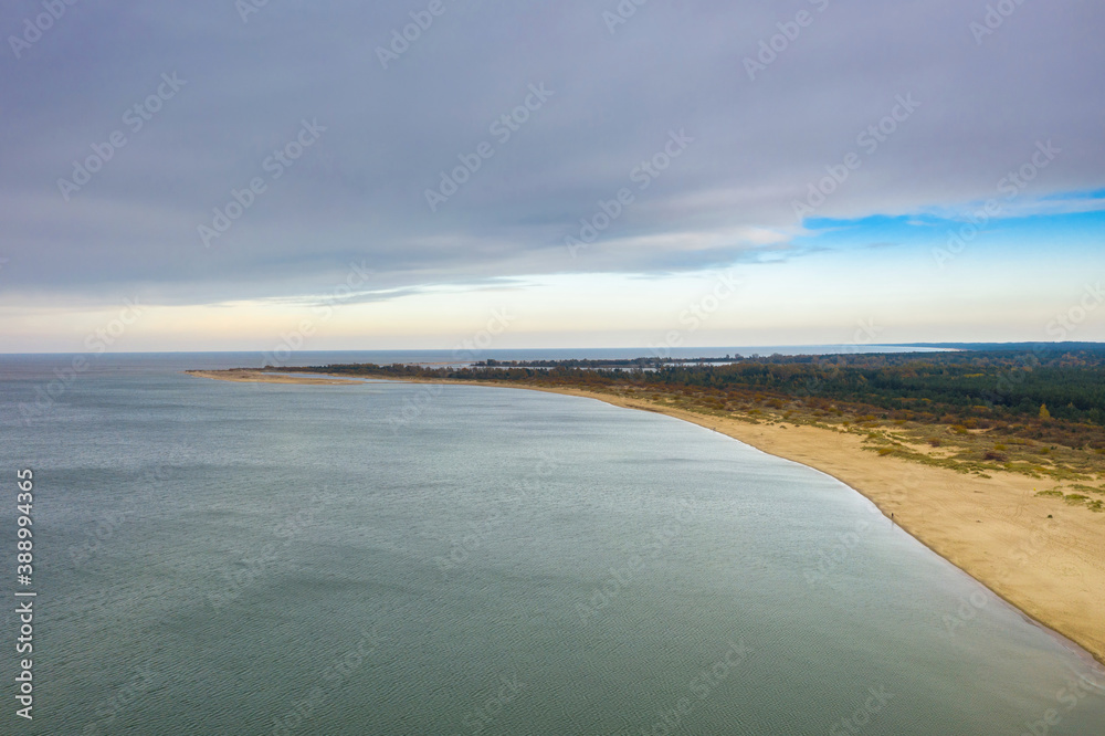 Aerial landscape of the Baltic Sea beach in Sobieszewo, Poland