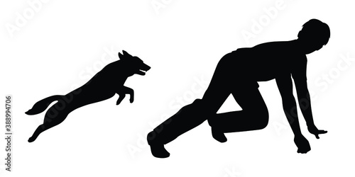 Dog bite man silhouette vector on white