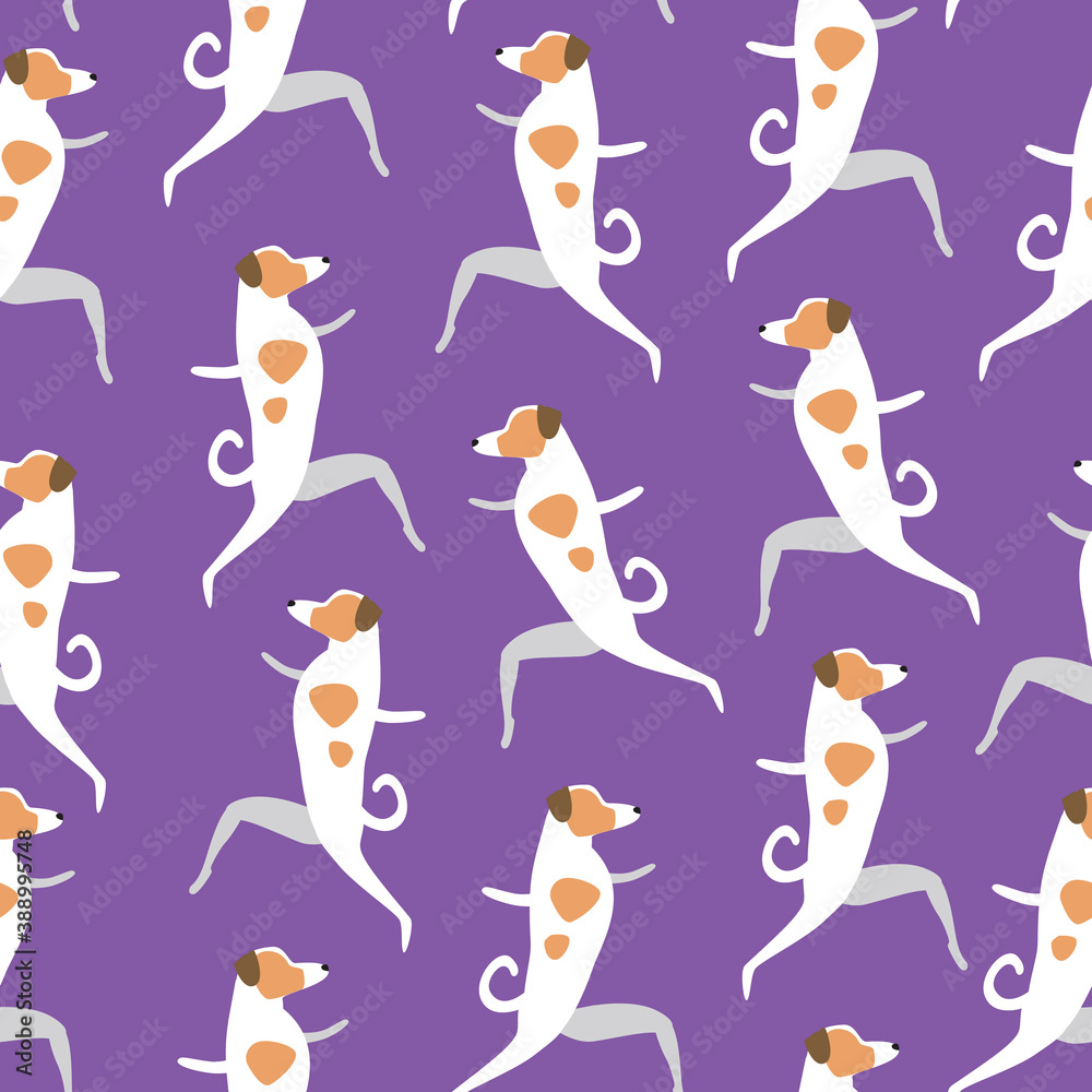 Dog yoga seamless pattern isolated as wallpaper, background, texture for printing on fabric, textile, flat vector stock illustration with jack russell terrier or character Dog yoga seamless pattern isolated as wallpaper, background, texture for printing on fabric, textile, flat vector stock illustration with jack russell terrier or character