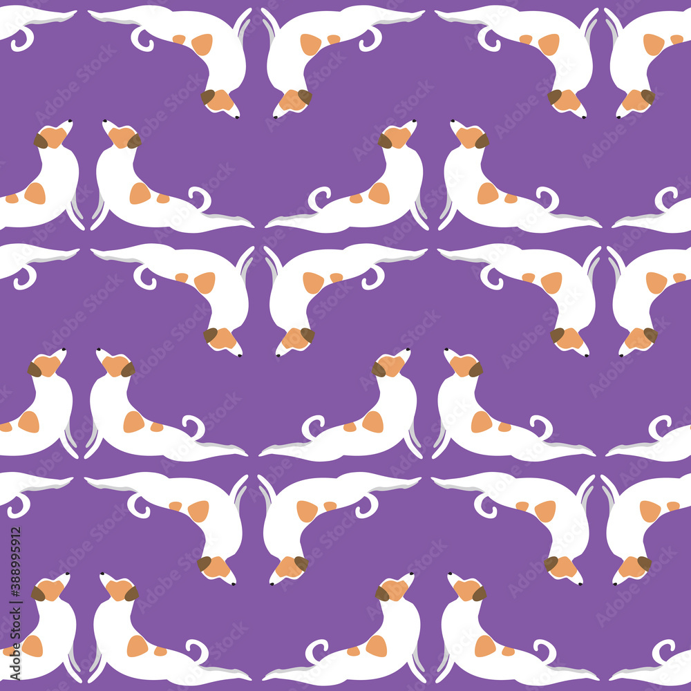 Dog yoga seamless pattern as wallpaper, background, texture for printing on fabric, textile, flat vector stock illustration with jack russell terrier isolated as cute texture
