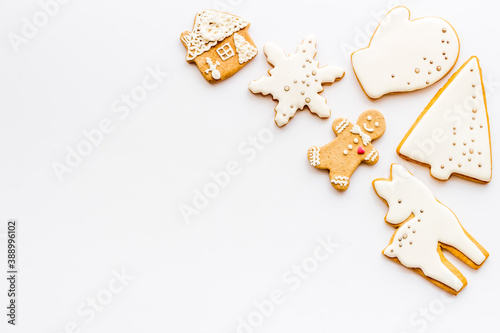 Christmas cookies with gingerbread men, top view, flat lay