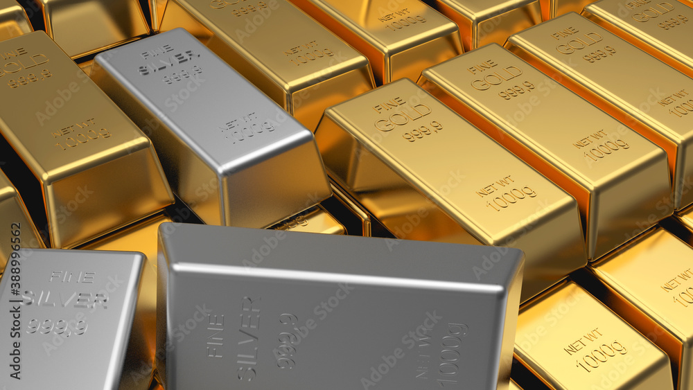 Rows of stacked gold bars and scattered silver bars. 3D illustration Rows of stacked gold bars and scattered silver bars. 3D illustration