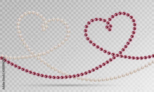 Shiny oyster pearls for luxury accessories. Pearl necklace thread of pearls. Realistic white pearls isolated on background. Beautiful natural heart shaped jewelry. Chains of pearls forming an ornament