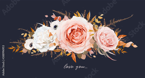 Vector floral bouquet design. Blush peach pink Roses, ivory white anemone flower, taupe, brown beige orange autumn Eucalyptus, fern leaves. Elegant watercolor, wedding invite card element on navy blue