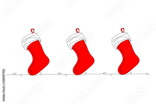 Set Christmas red stocking - one line drawing. Vector illustration continuous line drawing.