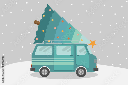Van carrying Christmas tree with snow falling. Merry Christmas and Happy new year 2021 © littlestocker
