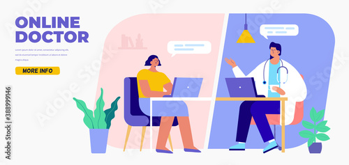 Online doctor. Online medical consultation and support. Healthcare services. Ask a doctor. Online medicine concept flat vector illustration.