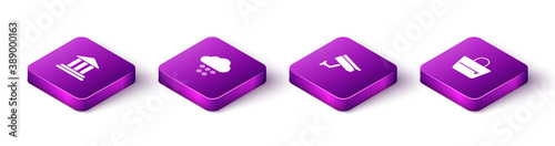 Set Isometric Bank building, Cloud with snow, Security camera and Handbag icon. Vector.