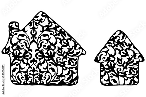 Decorative Christmas elements. Paper cut black and white. Houses