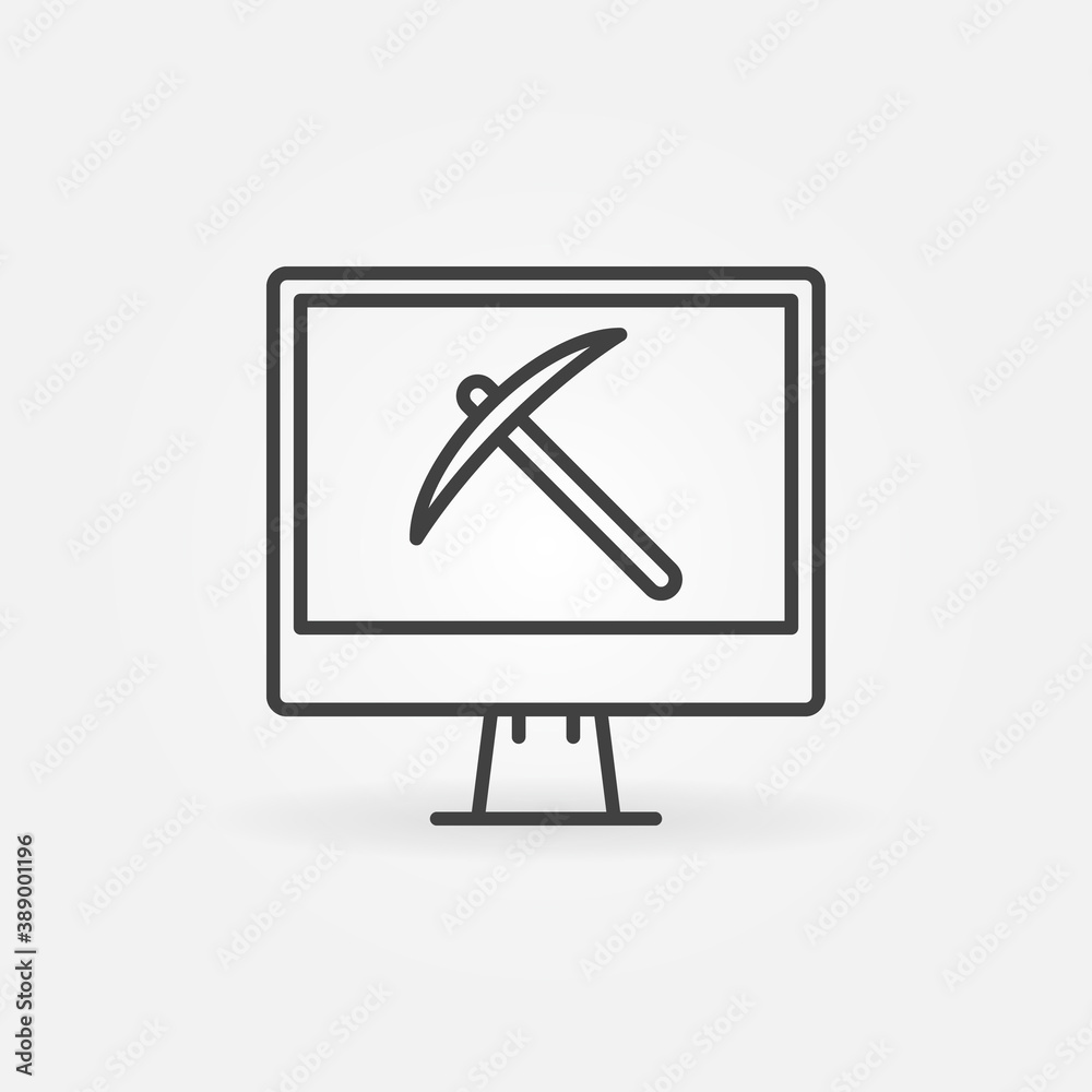 Pick Axe on Computer Display line icon. Data Mining vector concept symbol in outline style Pick Axe on Computer Display line icon. Data Mining vector concept symbol in outline style