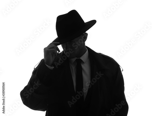 Old fashioned detective in hat on white background