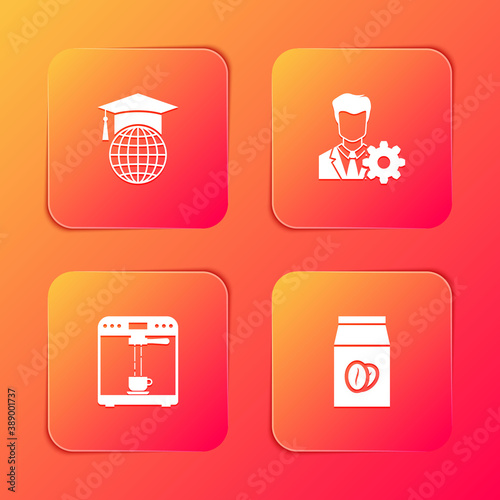 Set Graduation cap on globe, Profile settings, Coffee machine and cup and beans bag icon. Vector.