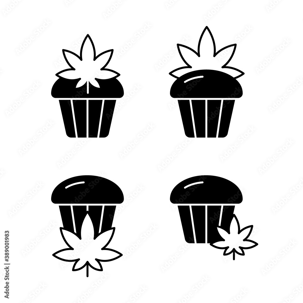 Cannabis cupcake, silhouette icons set. Outline logo of hemp or marijuana cake. Black simple illustration for bakery products, packaging design. Flat isolated vector emblem on white background Cannabis cupcake, silhouette icons set. Outline logo of hemp or marijuana cake. Black simple illustration for bakery products, packaging design. Flat isolated vector emblem on white background