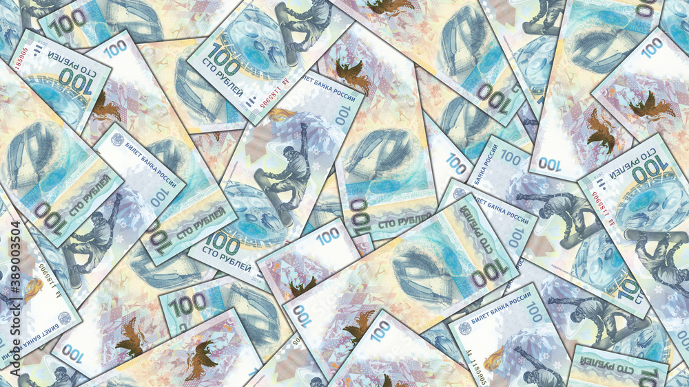 Illustration for a seamless rectangular pattern or wallpaper. Russian paper money. A randomly scattered blue 100 ruble banknotes from 2014
