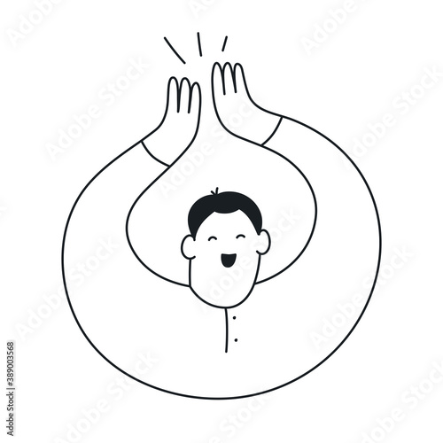 Outline excited cartoon man applauding, clapping hands. Jubilation, acclaim, joy, happiness, achievement. Elegant hand drawn line vector illustration on white.