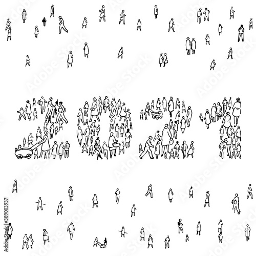 2021 made up of people silhouettes grouped. Community feeling for the new year to come.