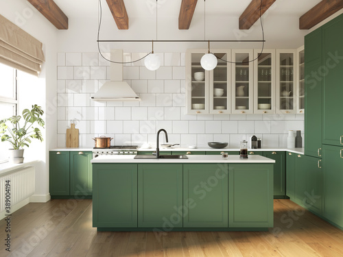 3d rendering of a green and beige rustic country kitchen with white tiles, an island and wood logs on ceiling 