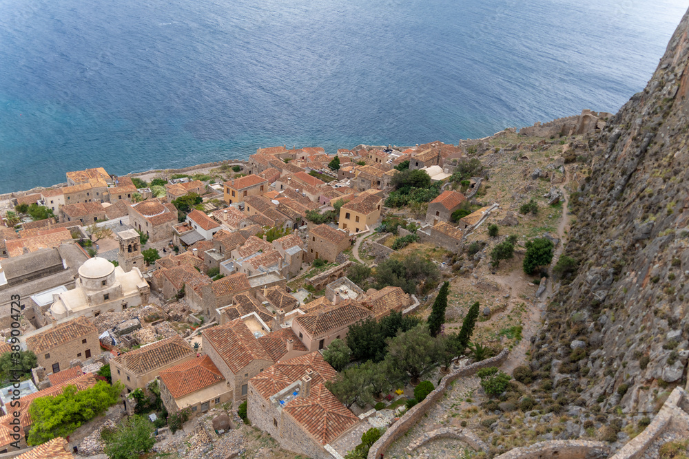 Obraz premium Monemvasia, a fascinating medieval fortified village on a small island of the southern coast of the Peloponnese , Greece.