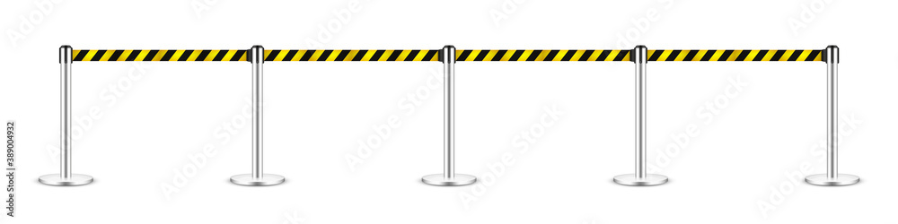 Realistic vector retractable belt stanchion. Crowd control barrier posts with caution strap. Queue lines. Restriction border and danger tape. Realistic vector retractable belt stanchion. Crowd control barrier posts with caution strap. Queue lines. Restriction border and danger tape.
