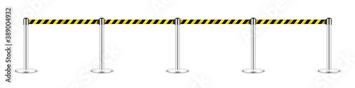 Realistic vector retractable belt stanchion. Crowd control barrier posts with caution strap. Queue lines. Restriction border and danger tape.