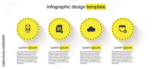 Set Hard disk drive on sharing network, Share file, Music streaming service and Financial calendar. Business infographic template. Vector.