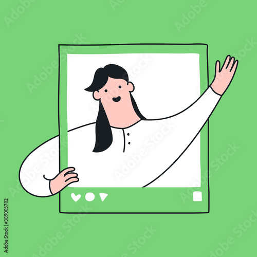 Social media post, Instagram photography of greeting a cheerful woman. Social media influence, network profile in the frame. Flat line isolated vector icon on green background