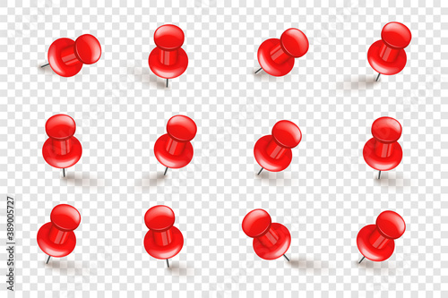 Realistic red push pins. Board tacks isolated on transparent background. Plastic pushpin with needle. Vector illustration.