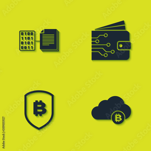 Set Smart contract, Cryptocurrency cloud mining, Shield with bitcoin and wallet icon. Vector.