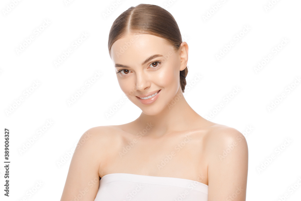 Beauty woman with brown eyes looking at camera, isolated on white background. Beautiful model with perfect clean fresh skin. Skin care treatment or cosmetic ads Beauty woman with brown eyes looking at camera, isolated on white background. Beautiful model with perfect clean fresh skin. Skin care treatment or cosmetic ads