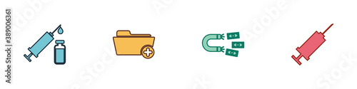 Set Medical syringe and vial, Health record folder, Magnet with money and Syringe icon. Vector.