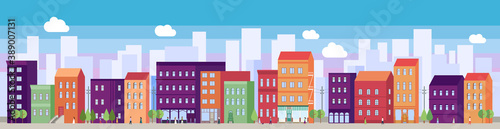 Panorama of modern city background with saturated colors. Vector illustration