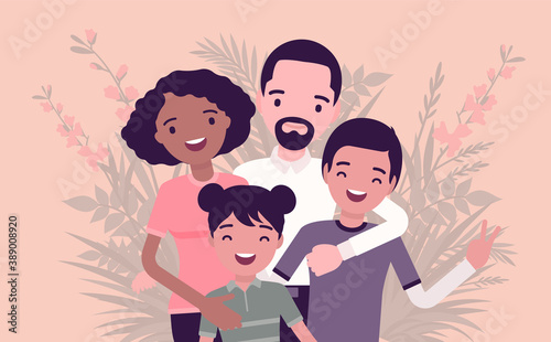 Multicultural happy family, parents and kids of different race, culture. Father, mother, son, daughter portrait, four members posing together, smiling in love. Vector creative stylized illustration