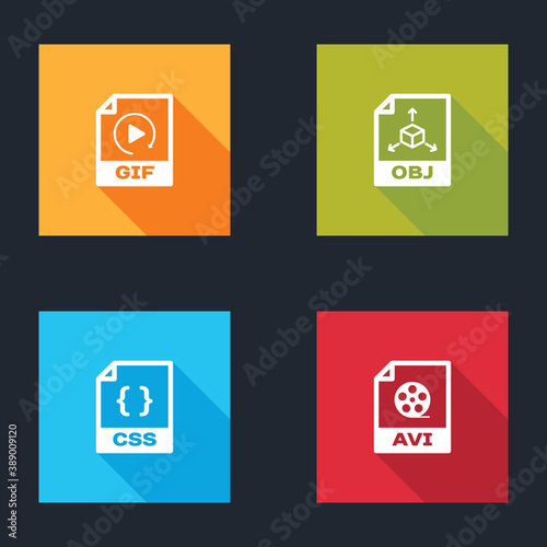 Set GIF file document, OBJ, CSS and AVI icon. Vector.