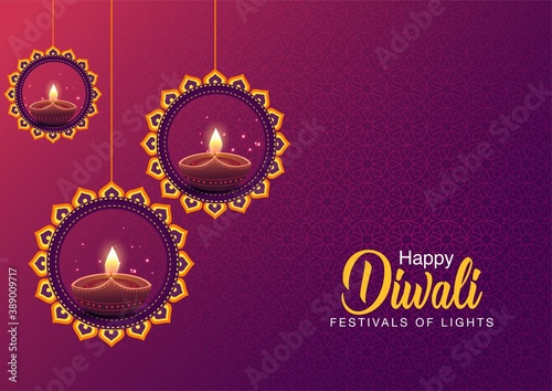  Happy Diwali celebration background. front view of banner design decorated with illuminated oil lamps on patterned stylish background. vector illustration
