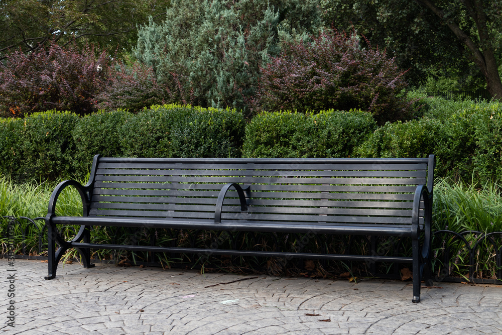 Empty Metal Bench at Hamilton Park in Jersey City New Jersey with Green Plants during Summer Empty Metal Bench at Hamilton Park in Jersey City New Jersey with Green Plants during Summer