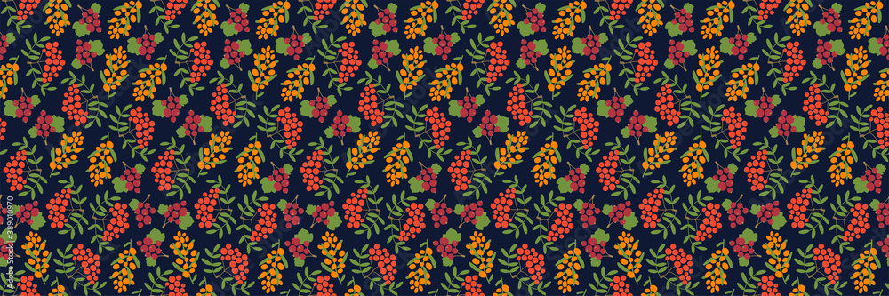 Berries seamless pattern. Red currant, mountain ash and sea buckthorn. Hand drawn fresh fruit. Vector sketch background. Color doodle wallpaper. Dress print