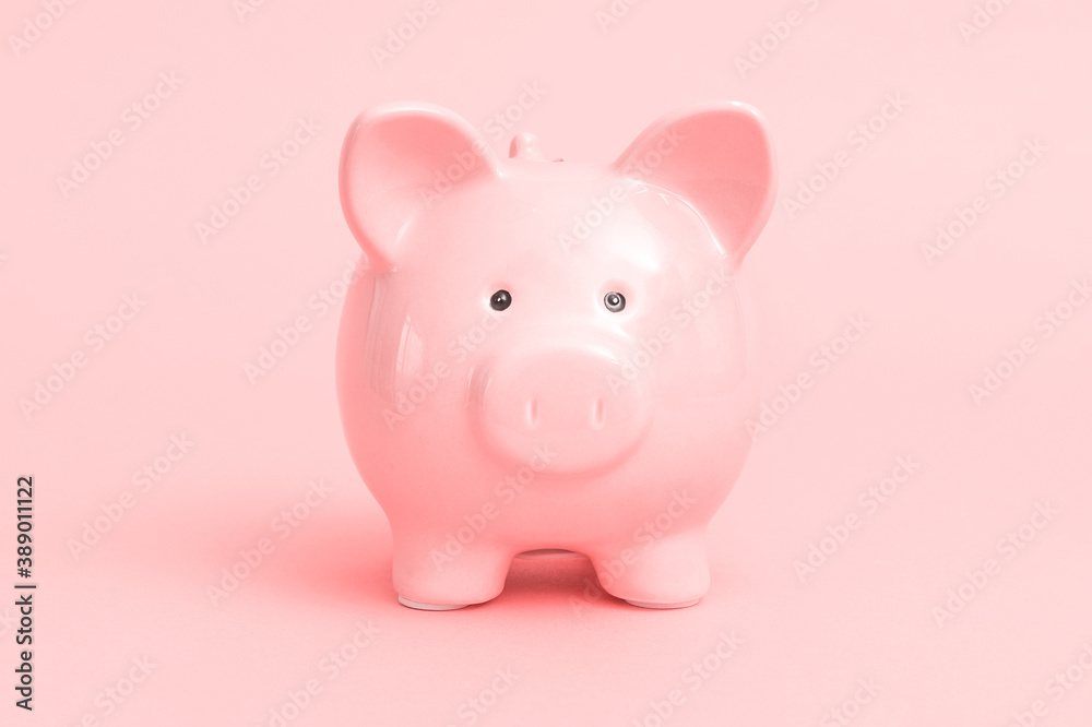 Piggy bank on pink background, budgeting concept Piggy bank on pink background, budgeting concept