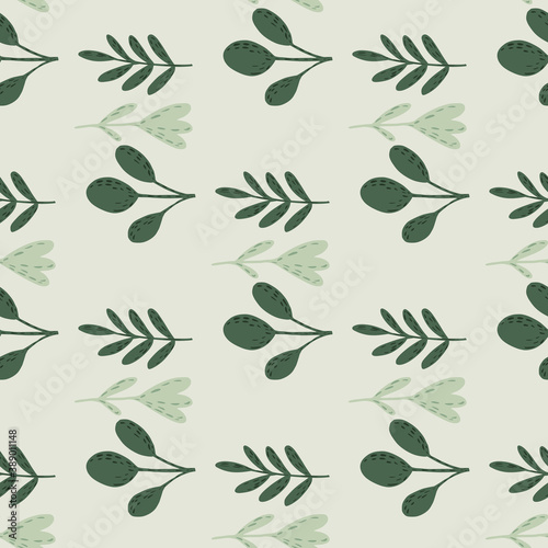 Pale forest shapes seamless doodle pattern. Green stylized botanic artwork. Simple creative design.