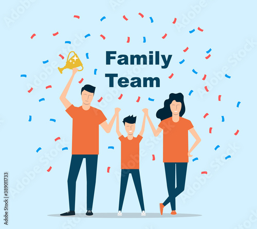 The family team won the gold cup. Dad, mom and son are happy together. Vector illustration