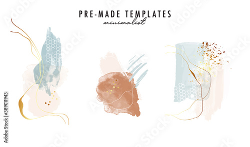 Abstract watercolor shapes gold geometric artwork. Tender neutral frames, buiness pack.