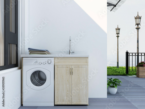 The balcony of modern design has washing machine and other places to wash clothes