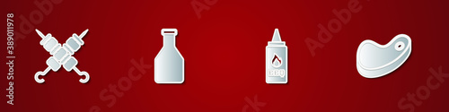 Set Grilled shish kebab, Ketchup bottle, and Steak meat icon. Vector.