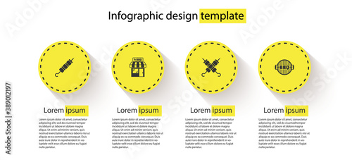 Set Grilled shish kebab, Barbecue shopping building, and grill. Business infographic template. Vector.