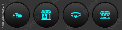 Set Pills for potency, Sex shop building, Silicone ball gag and icon. Vector.