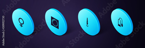 Set Isometric Penis pump, Anal beads, Condom in package and Female gender symbol icon. Vector.