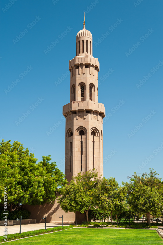 The Minaret and Gardens in Sultan Qaboos Grand Mosque, Muscat, Oman