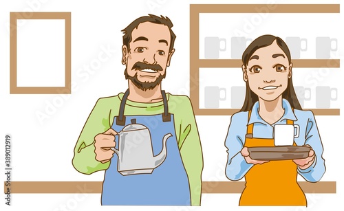 微笑むカフェの店長と店員