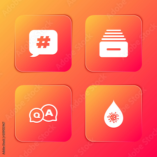 Set Hashtag speech bubble, Drawer with documents, Question and Answer and Dirty water drop icon. Vector.